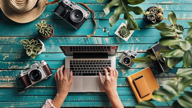 Flatlay Photography Workspace: Laptop, Vintage Cameras, Plants, and Teal Table