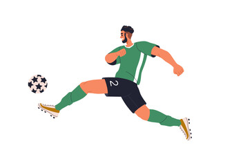 Soccer player kicking ball with leg. Active happy athlete playing European football, running. Professional sportsman in movement, action. Flat vector illustration isolated on white background