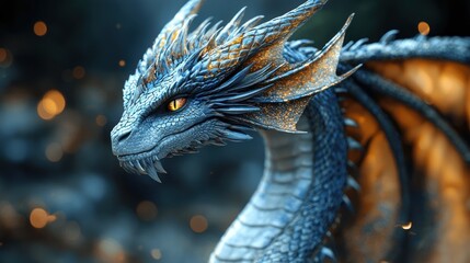 Majestic blue and gold dragon portrait, fantasy creature with sharp eyes and intricate scales.