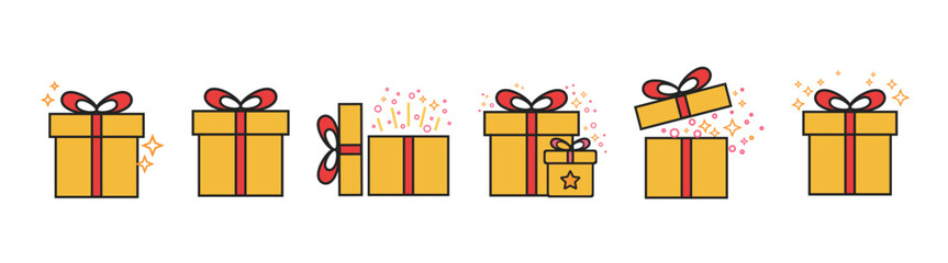 Present gift box icons set. Gift box for the holiday. Vector gift box symbol. Surprising gift box signs, vector illustration