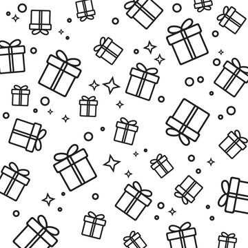 Gift boxes seamless pattern. Gift box line motif wallpaper vector illustration. Seamless pattern background of gift boxes line art style. Gift box motif fabric for birthday, package, present, wrap