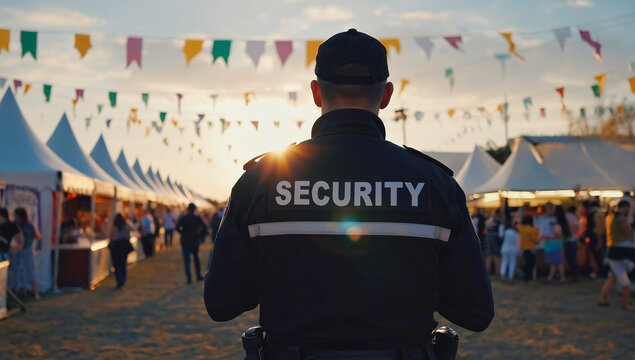 Security guard, festival surveillance and crowd safety at outdoor event, sunset and fairground with tents. Professional monitoring, entertainment venue and public protection for concert safety