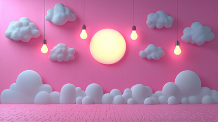 Bright and cheerful pastel backdrop with clouds and glowing lights for creative projects and events. Generative AI