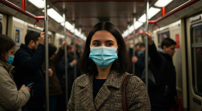 Woman wearing protective face mask in subway train, public transportation and pandemic safety measures. Urban commute, social distancing and health protection during virus outbreak