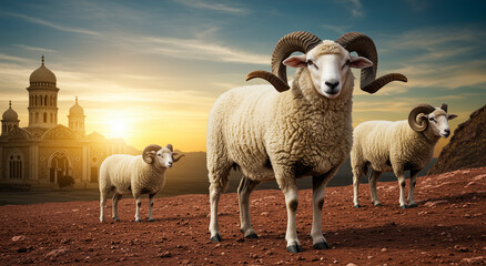 Fototapeta premium Ram and sheep herd in rural landscape at sunset, farm animals grazing in countryside with church silhouette. Agriculture, livestock and pastoral scene for farming, traditional breeding