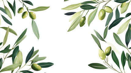 Olives branches with leaves and olive oil seamless background. Vector decor elements for wallpaper, kitchen tablecloth, wrapper, restaurant decoration
