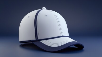 Fototapeta premium 3D rendering of a classic baseball cap, primarily white in color with a prominent navy blue trim