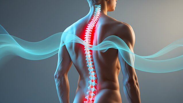 A soft blue-glowing spine with red pain points, surrounded by gentle energy waves, evoking posture support and relaxation.