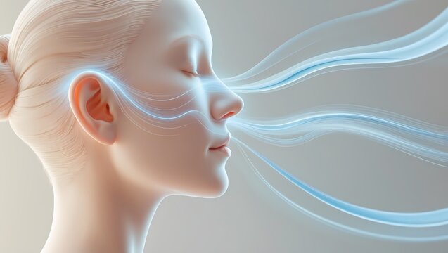 A calm side profile of a human head with radiant blue accents along the sinus, evoking a sense of balance, healthy breathing, and tranquility.