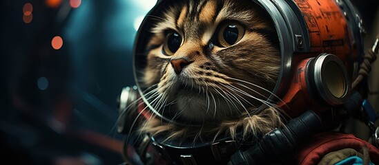 Cat in Space Helmet Exploring Galaxy with Awe and Curiosity