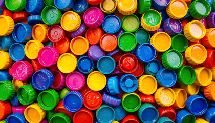 Colorful plastic bottle caps creating a texture. Recycling background. Environmental reuse and the importance of recycling PET materials for an eco-friendly future. Plastic industry, dramatic atmosp