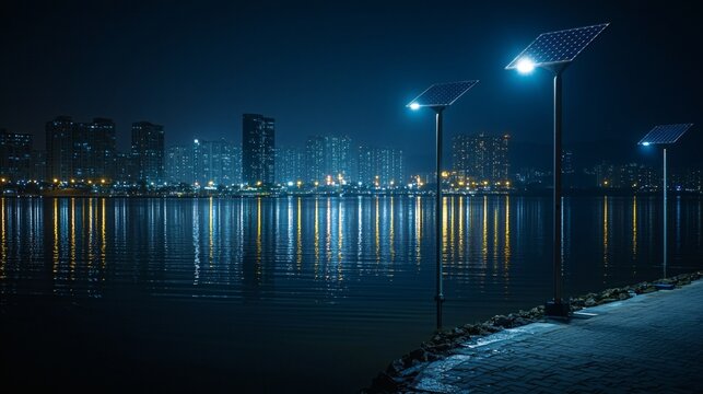 Solar streetlights illuminating a smart city at night, sustainable urban technology, modern green solutions, stock photo with side copy space.