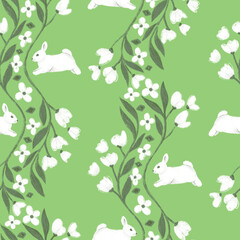 Seamless pattern with rabbits jumping on a flowering meadow