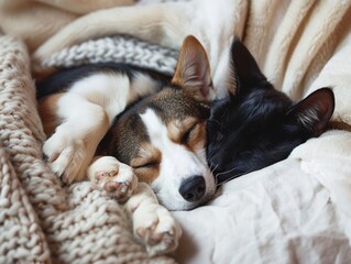 Cat and dog sleeping together on blanket.