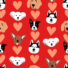 Vector seamless pattern with dog faces and hearts