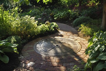 Sundial in Horizontal Design for Garden Path with Brick and Stone Elements