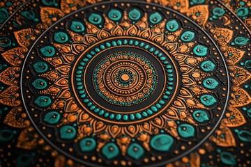 Obraz premium A striking symmetrical mandala design featuring intricate orange and turquoise patterns on a dark background, creating a captivating and visually rich composition with cultural flair.