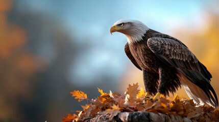 Fototapeta premium Majestic Bald Eagle on Autumn Leaves Wildlife Photography Nature Scene