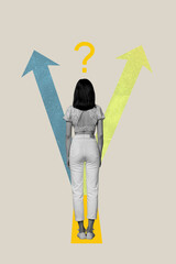 Sketch image artwork composite 3D collage of purpose goal challenge young lady stand back two arrow...