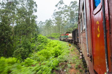Naklejka premium The high mountain train that travels is located in Sri Lanka