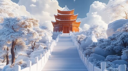 Snowy Path to a Chinese Pagoda