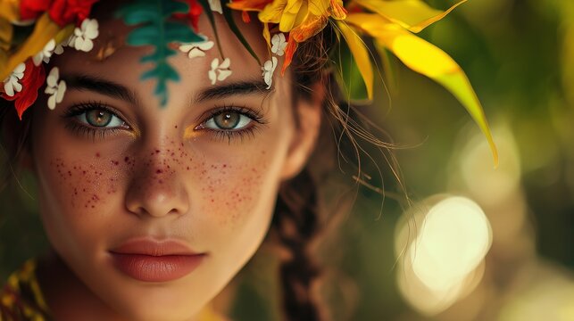 Sinnliches Portrait einer jungen Frau mit Sommersprossen und Blumenkranz. Nat&uuml;rliches Sonnenlicht und gr&uuml;ne Bokeh-Effekte verleihen dem Bild eine m&auml;rchenhafte, vertr&auml;umte Atmosph&auml;re