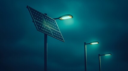 Solar streetlights illuminating a smart city at night, sustainable urban technology, modern green solutions, stock photo with side copy space.