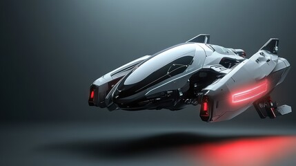Fototapeta premium Futuristic sleek spaceship design with glowing lights and aerodynamic features in a dark environment
