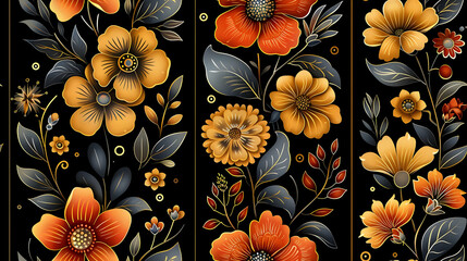 A vibrant floral pattern featuring orange and yellow flowers on a black background.