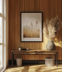 Black wooden frame poster mockup standing on the floor, 3d render, Generative AI