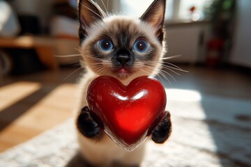 Cute siamese kitty cub with diamond red heart at cozy living space. Marketing domestic animal creative. Siamese - my desired cat, symbol of care. Fluffy kitten cuddles. Love and kittens.