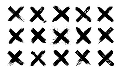 Hand drawn dirty grunge brush strokes cross x vector illustration icon set. Cross mark wrong symbol graphic design collection. Check mark symbol NO button for vote in check box, web, etc.