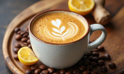 Creamy coffee with latte art and lemon