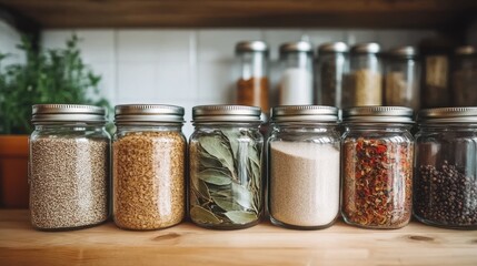 Pantry Jars Filled with Dried Herbs and Spices on Wooden Shelves