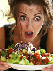 Woman stares wide-eyed with exaggerated surprise at a large, colorful salad on a white plate.