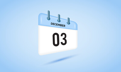 3rd December daily calendar icon template. December 3 day calendar design. Single day calendar in vector illustration flat style.