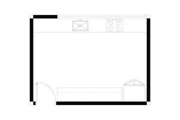 2d layout of kitchen furniture plan of interior design, black lines on white background, isolated. Set 3