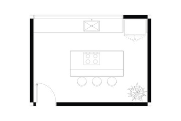 2d layout of kitchen furniture plan of interior design, black lines on white background, isolated. Set 5
