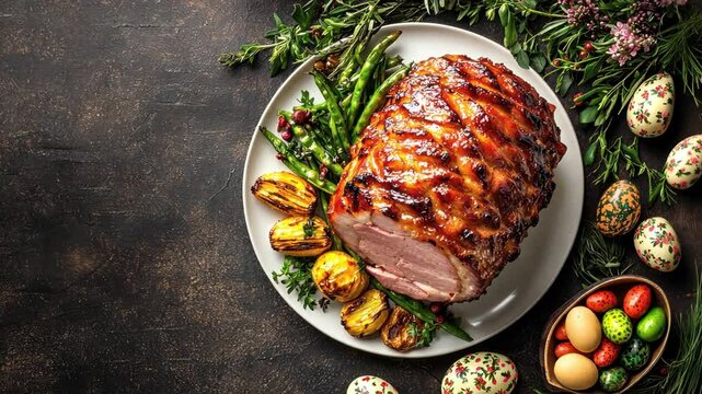 Festive Easter feast with glazed ham and seasonal sides