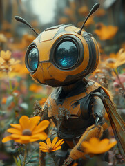 Cute robot pollinators shaped like bees, working in a futuristic greenhouse, holographic flower interfaces, 8k realism