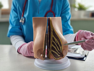 Female doctor explains disease and uses anatomical model of breast concept