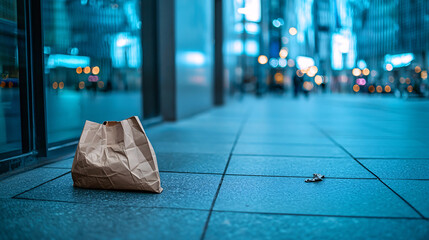 Obraz premium Brown paper bag sits alone on a tiled city sidewalk with blurry building lights in the background.