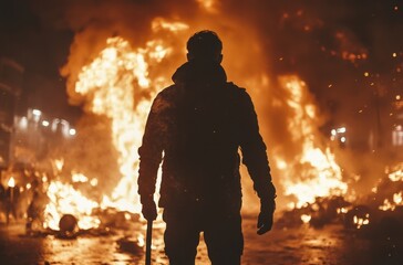 Fototapeta premium Silhouetted Figure Amid Flame and Smoke, Represents Conflict, Tension and Chaos in Urban Environment, Evoking Strong Emotions and Dramatic Scenes