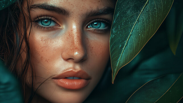 Kreatives Beauty-Portrait einer jungen Frau mit t&uuml;rkisblauen Augen zwischen gr&uuml;nen Bl&auml;ttern. Makellose Haut, volle Lippen und intensiver Blick erzeugen eine mystische, naturverbundene Atmosph&auml;re