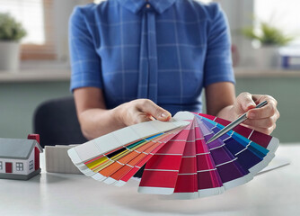 Choosing paint colors for home design in a bright and modern workspace with color swatches concept