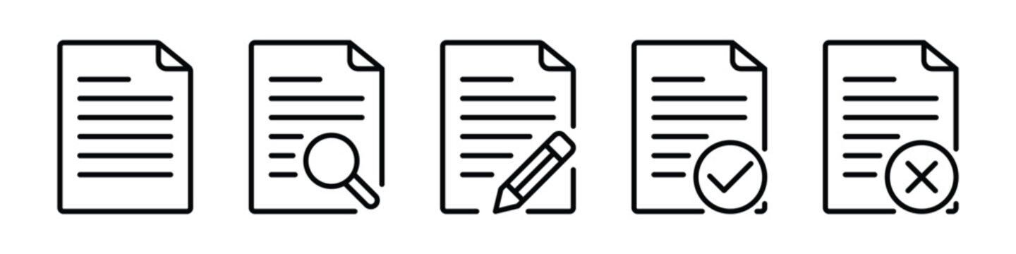 document icons. paper symbol containing search, edit, tick, cross sign. transparent png and vector illustration.