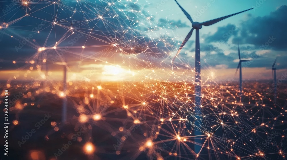 Poster AI-controlled wind turbine system optimizing energy output, smart grid technology, future renewable energy, stock photo with side copy space.
