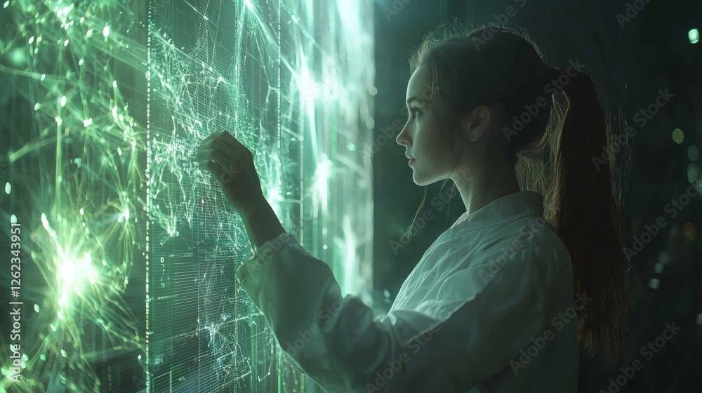 Poster A scientist analyzing wind patterns on a digital dashboard, big data in renewable energy, futuristic power grid technology, stock photo with side copy space.