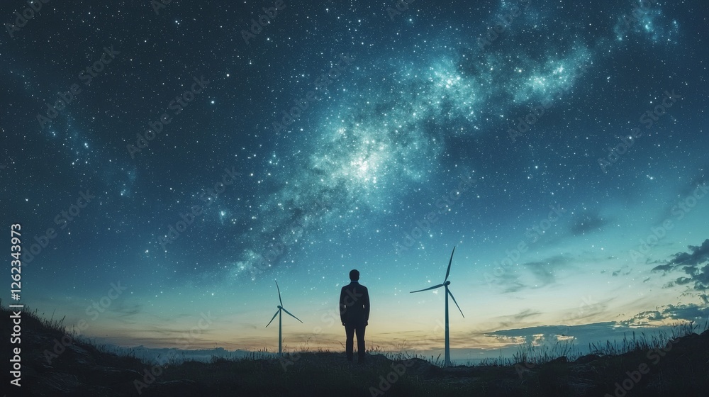 Poster A scientist analyzing wind patterns on a digital dashboard, big data in renewable energy, futuristic power grid technology, stock photo with side copy space.