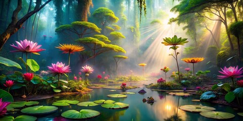 Enchanting Forest with Colorful Lotus Flowers and Sunbeams